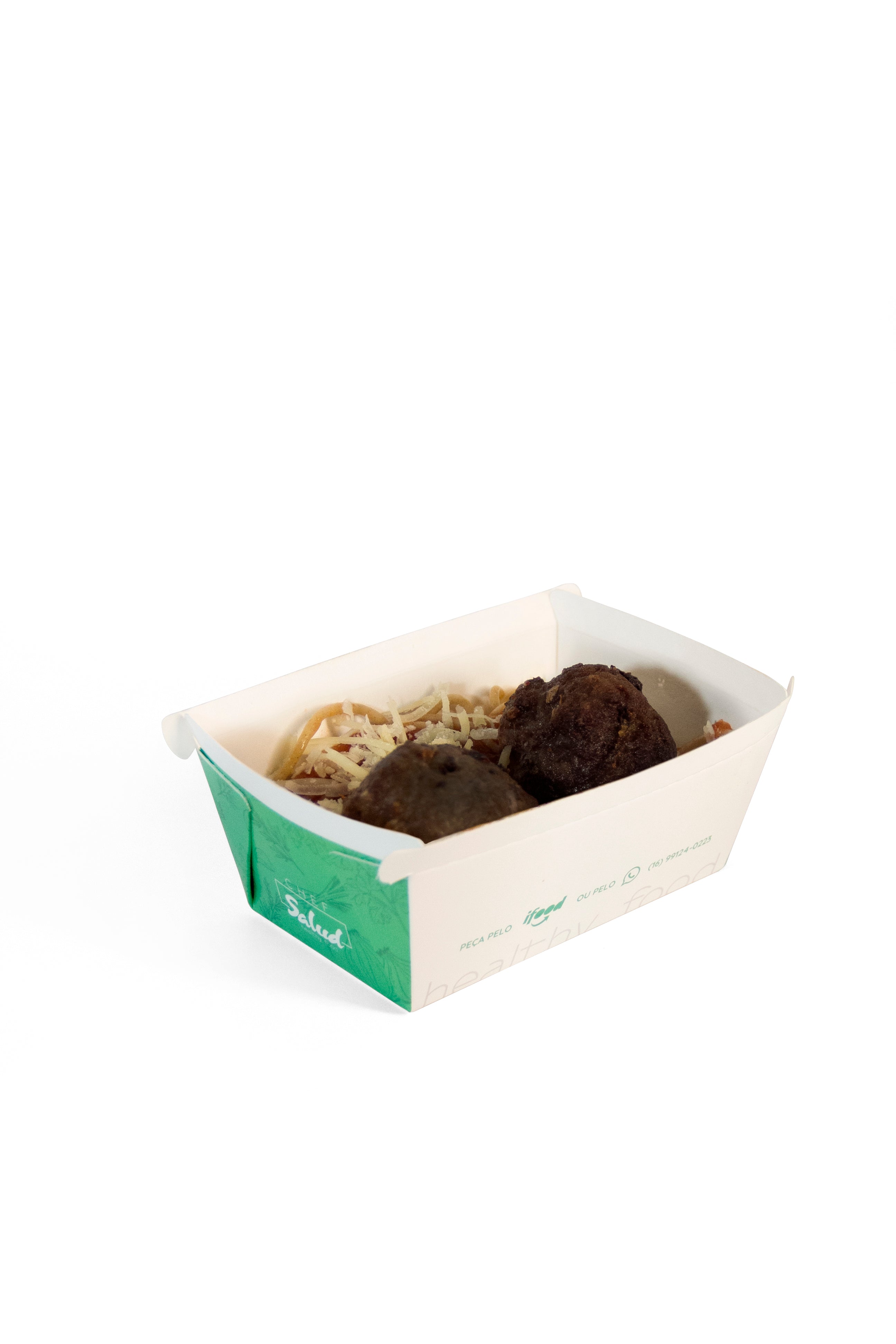 Almôndegas de patinho, espaguete integral ao molho sugo e parmesão