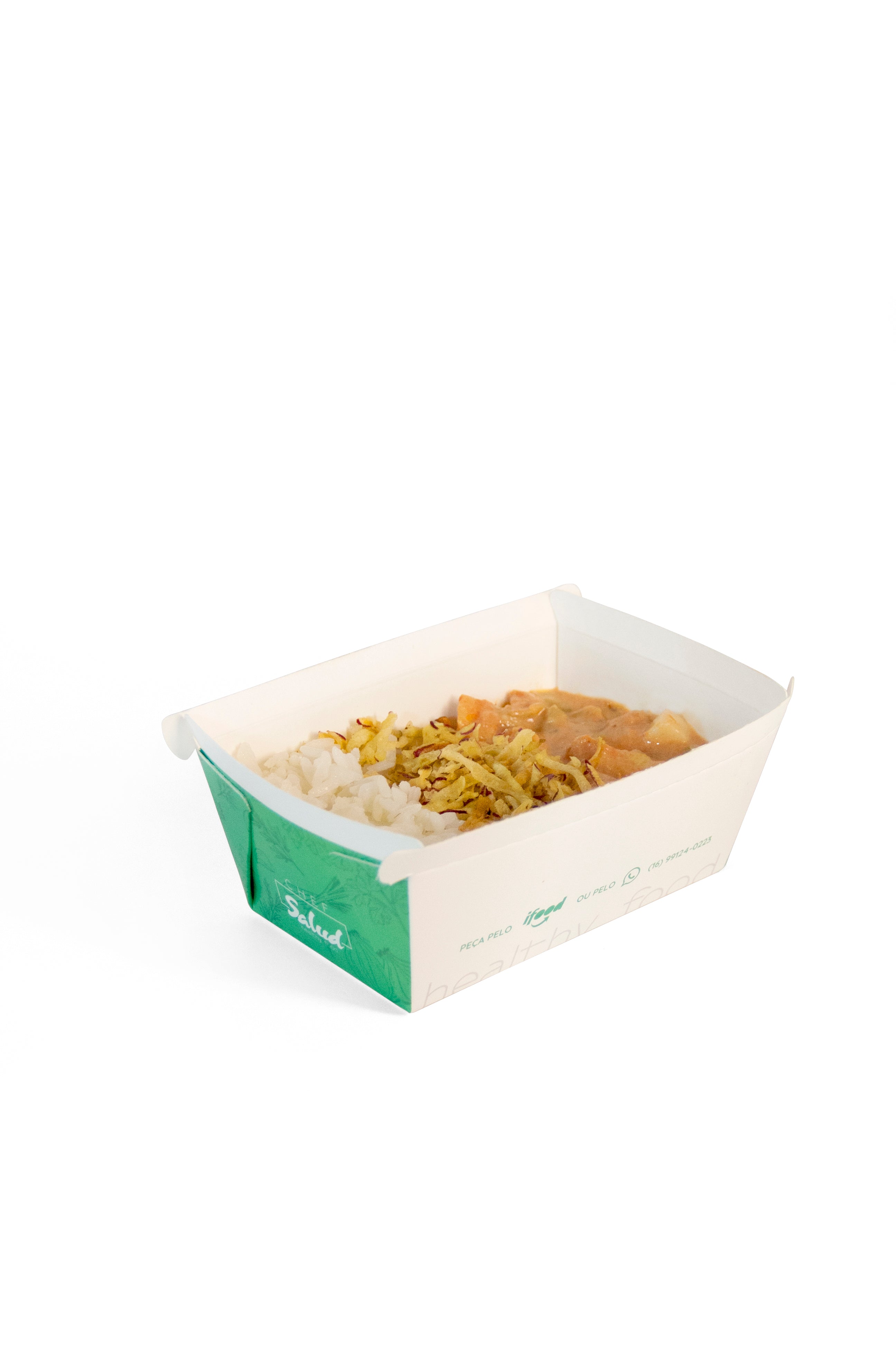 Strogonoff de frango, arroz branco, crispy de batata doce