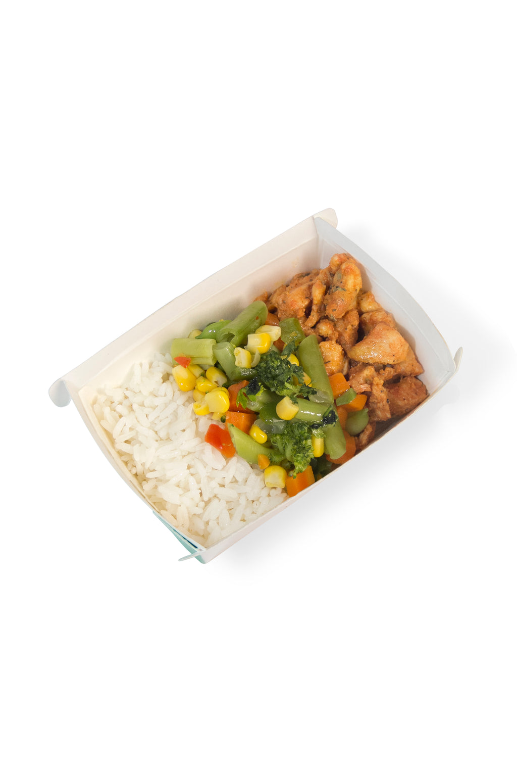 Frango picado, arroz branco e seleta de legumes