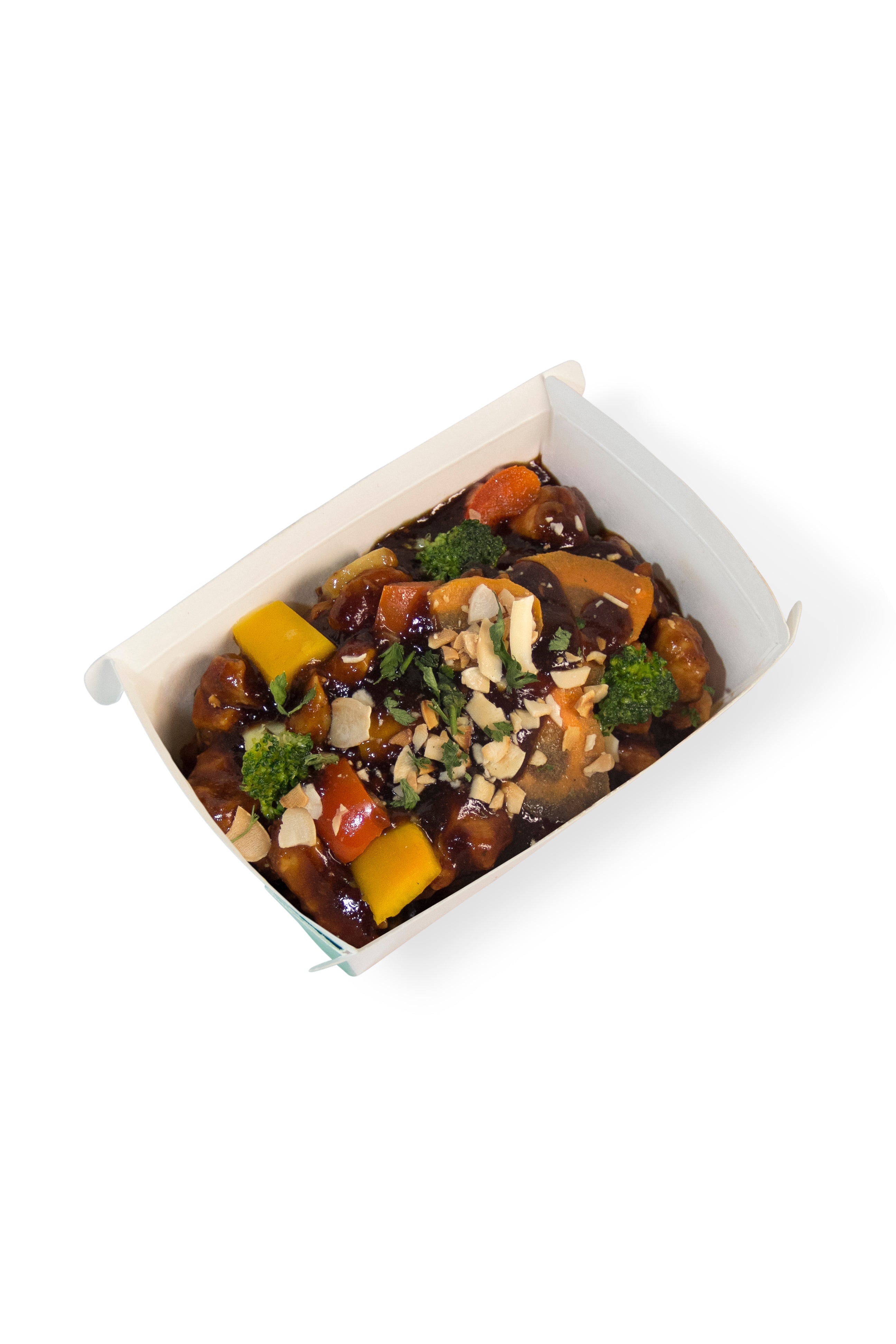 Frango xadrez - Frango picado com molho oriental, pimentão vermelho e amarelo e brócolis