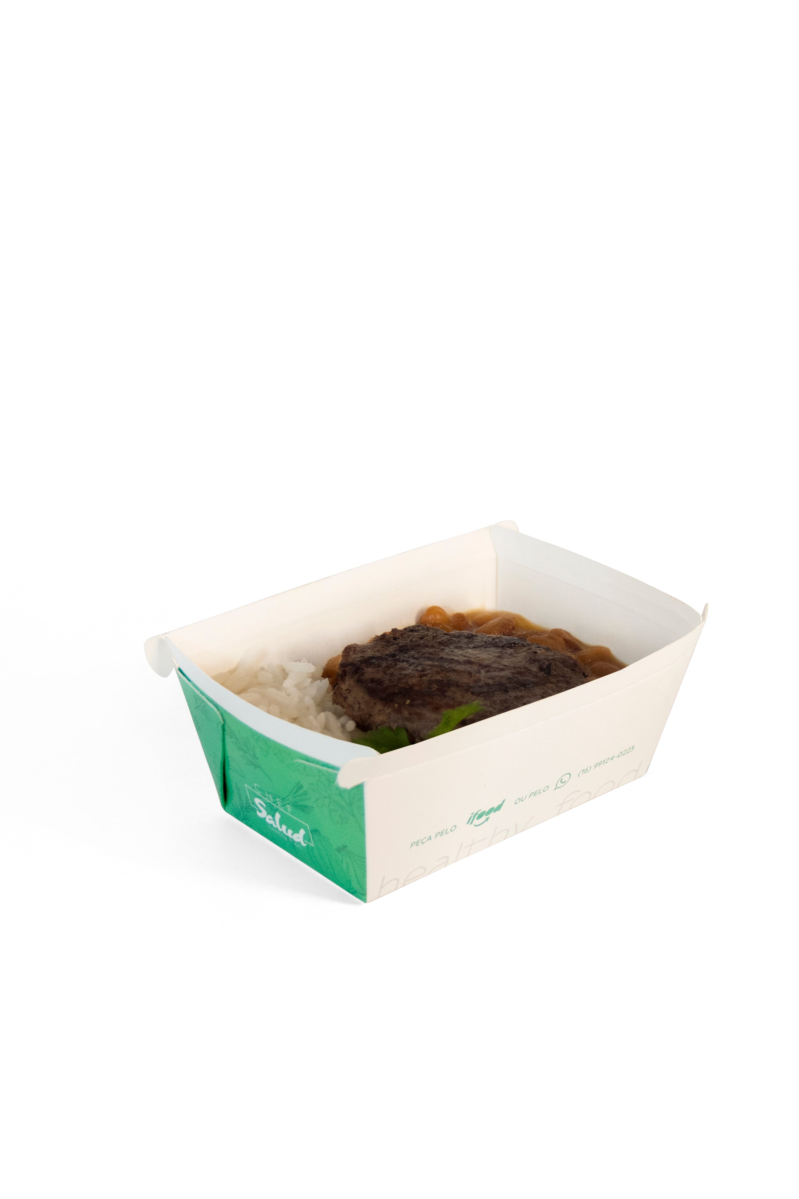 Hambúrguer de patinho, arroz branco e feijão