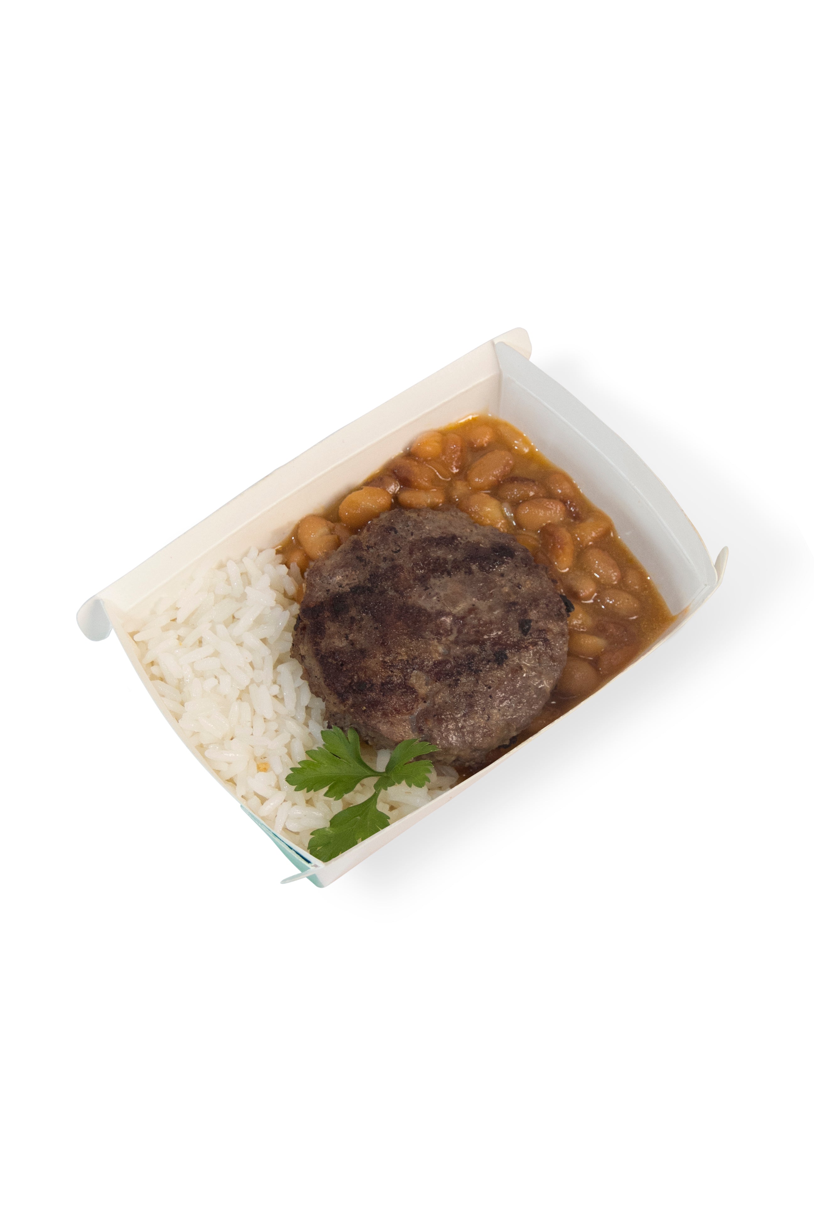 Hambúrguer de patinho, arroz branco e feijão