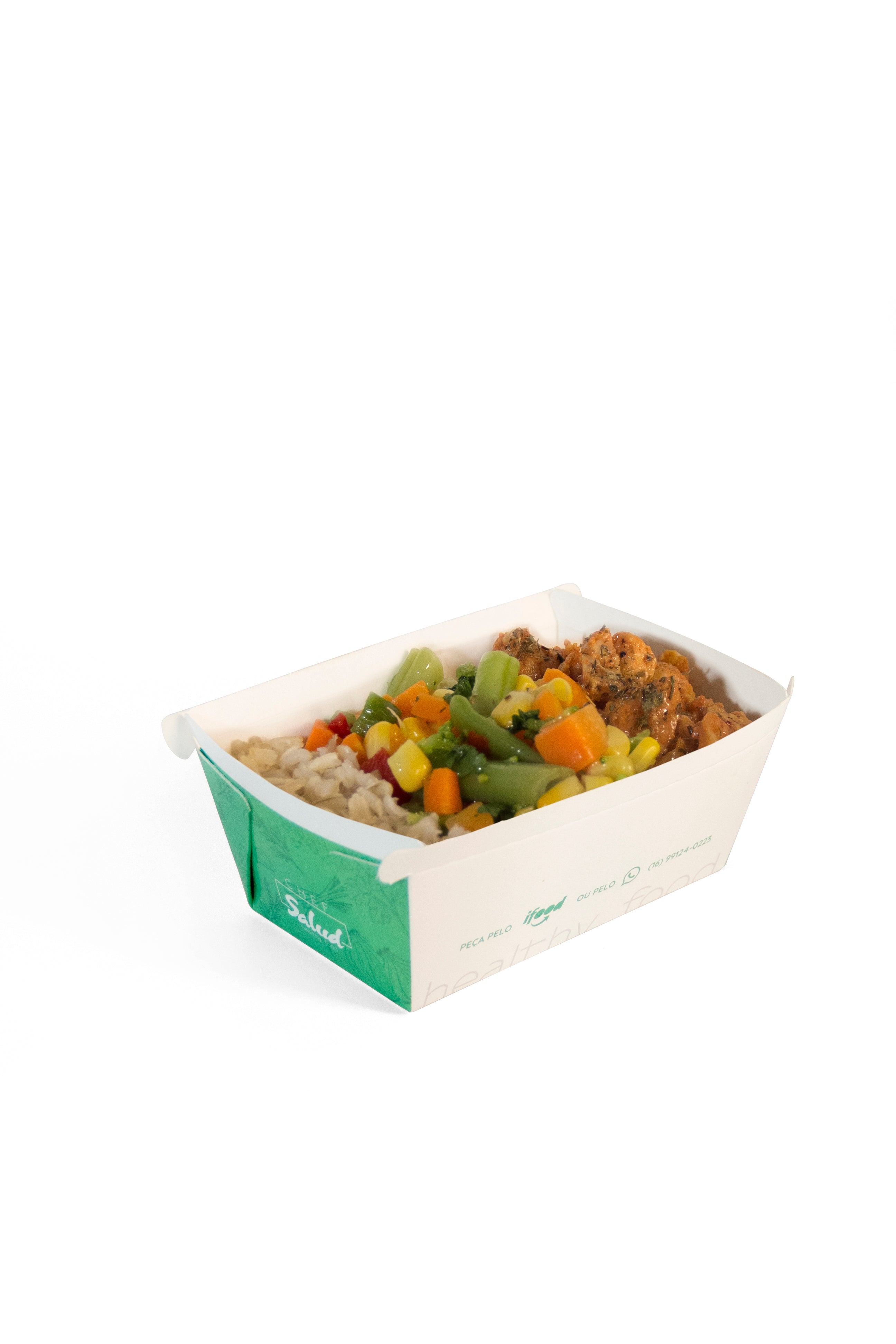 Frango picado, arroz integral e seleta de legumes