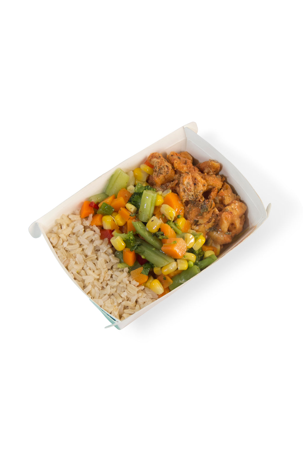 Frango picado, arroz integral e seleta de legumes
