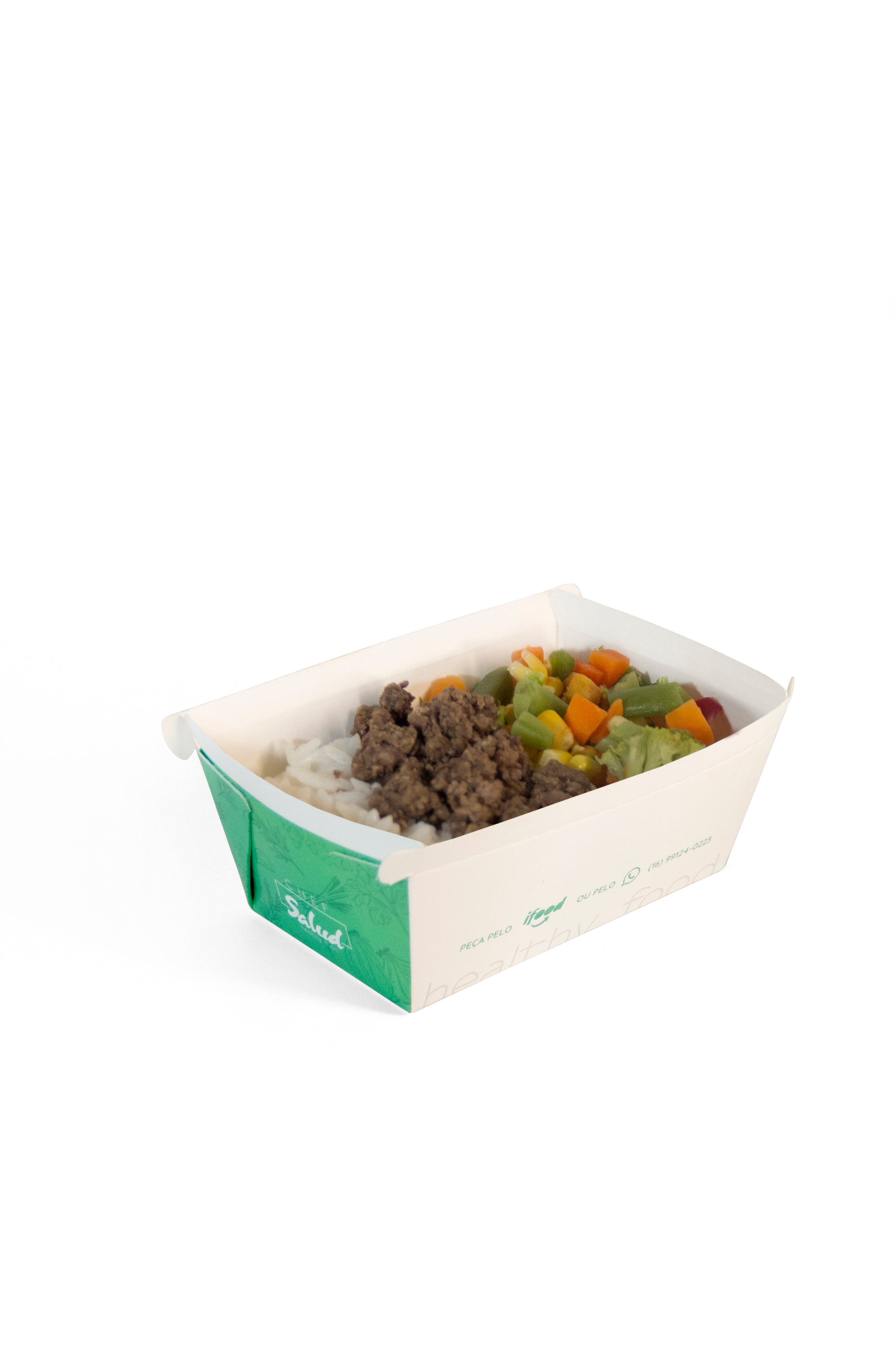 Patinho moído, arroz branco e seleta de legumes