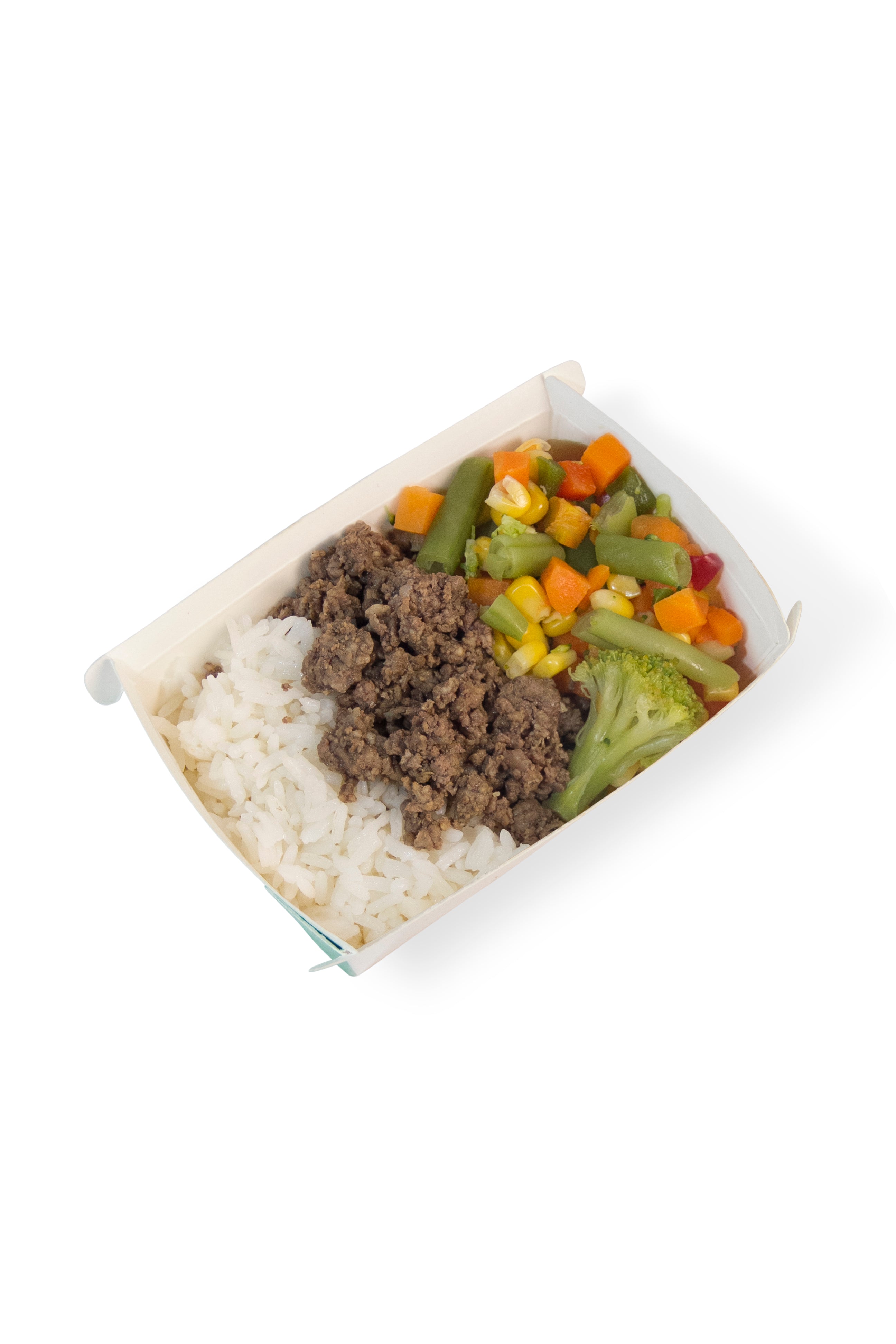 Patinho moído, arroz branco e seleta de legumes