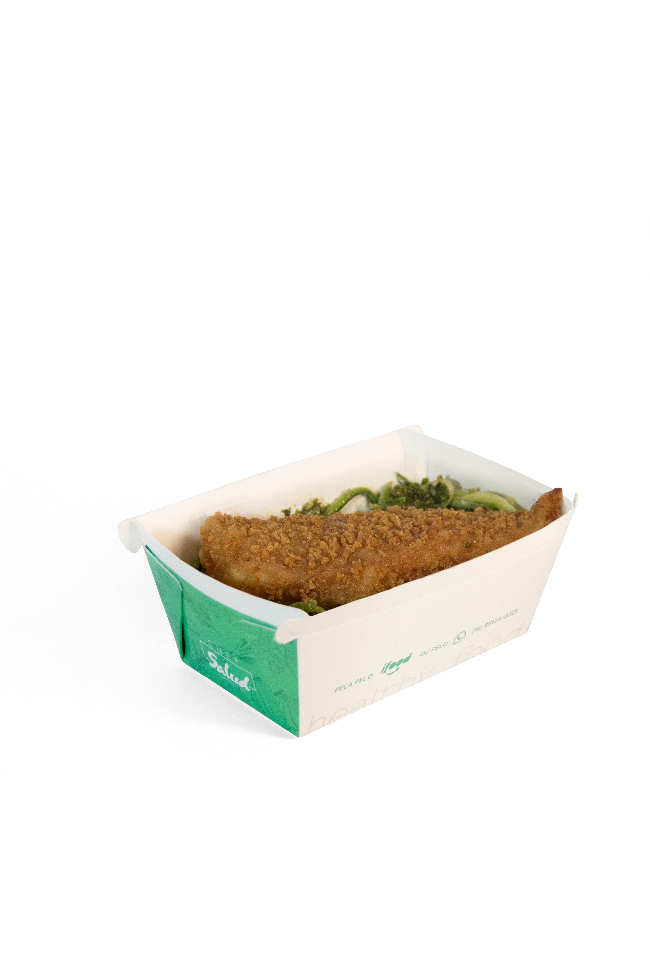 Filé de tilápia empanado, espaguete de abobrinha ao molho pesto low carb