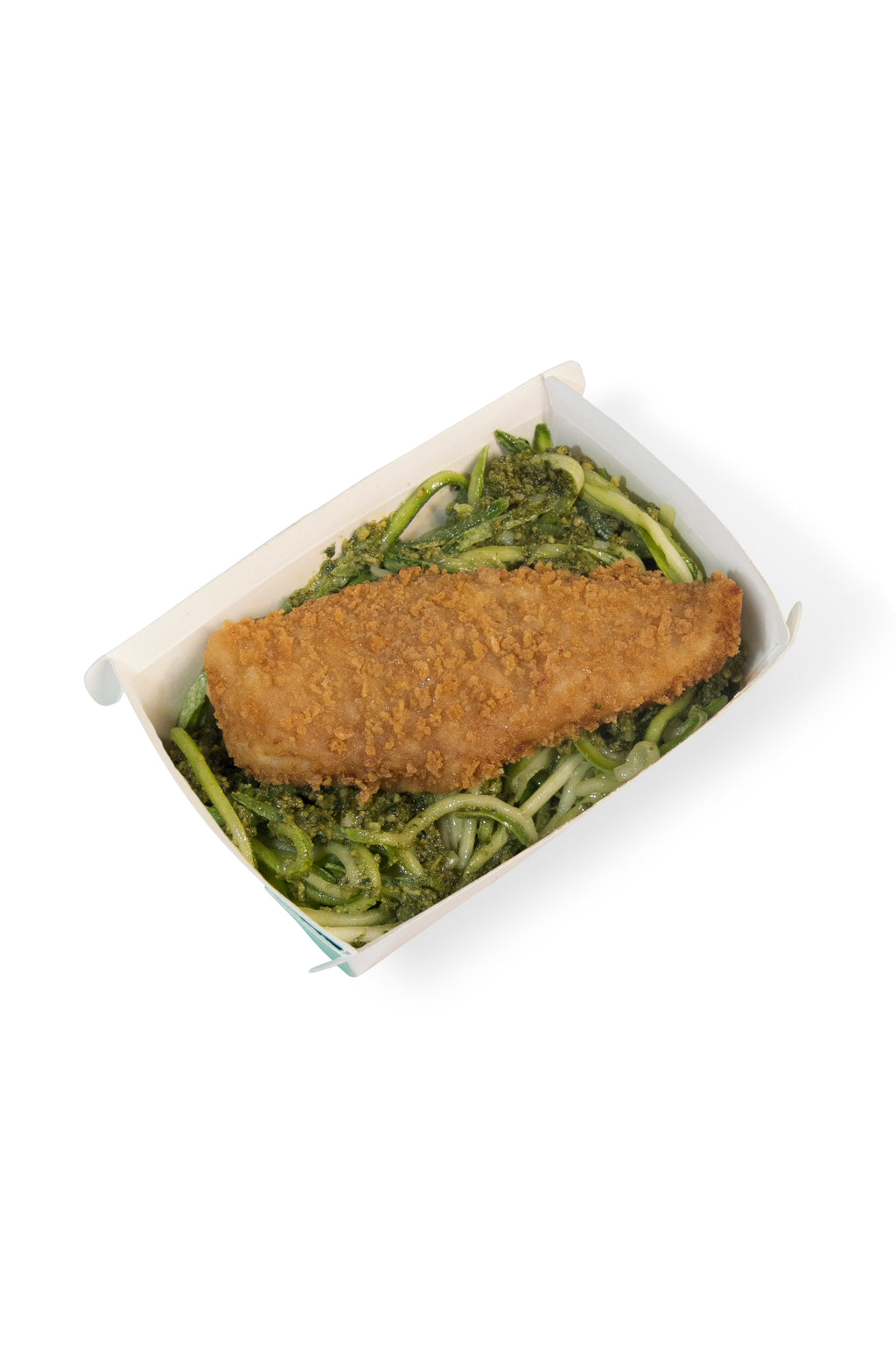 Filé de tilápia empanado, espaguete de abobrinha ao molho pesto low carb