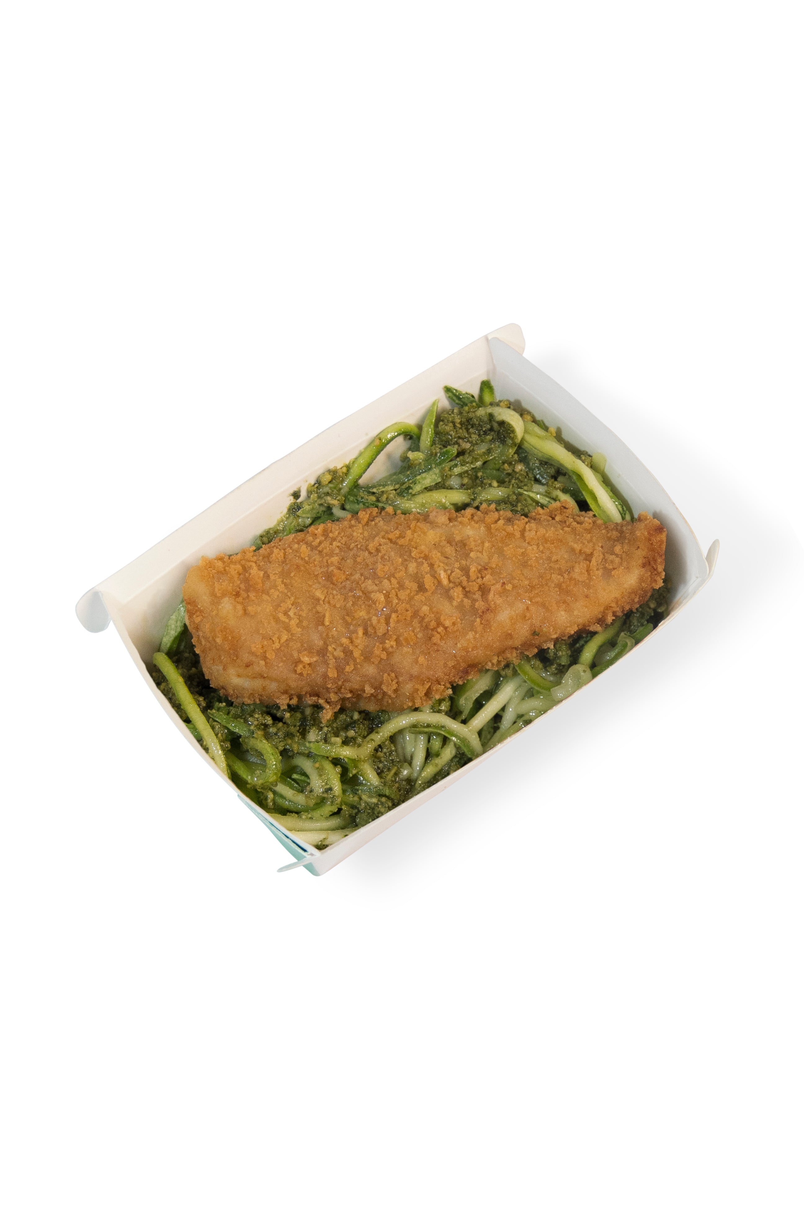 Filé de tilápia empanado, espaguete de abobrinha ao molho pesto low carb