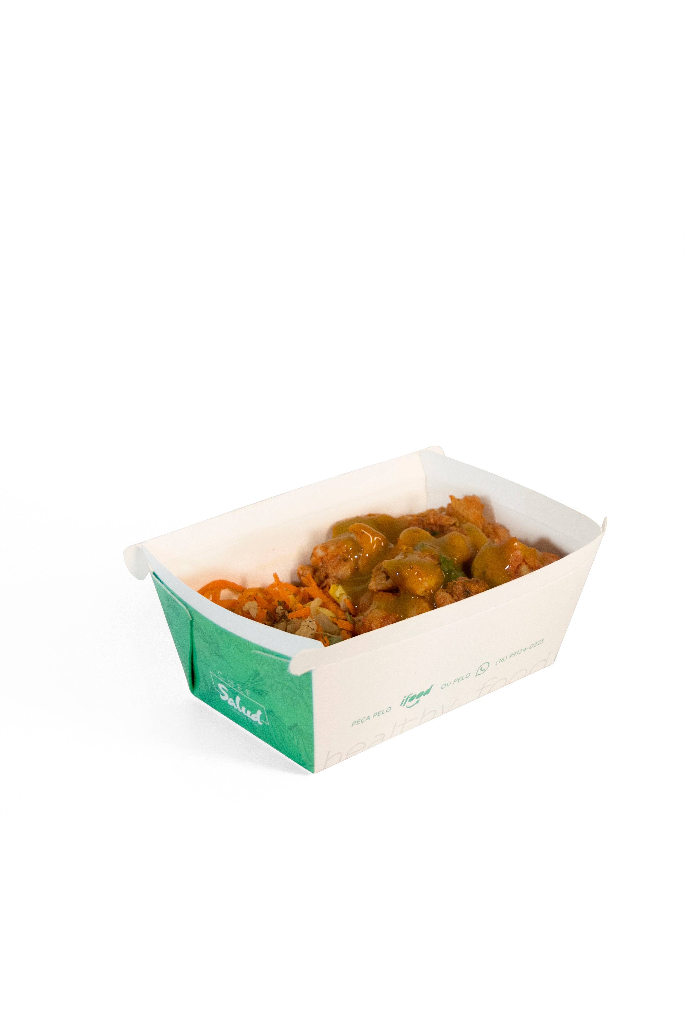 Frango picado ao molho de mostarda e mel, arroz branco primavera