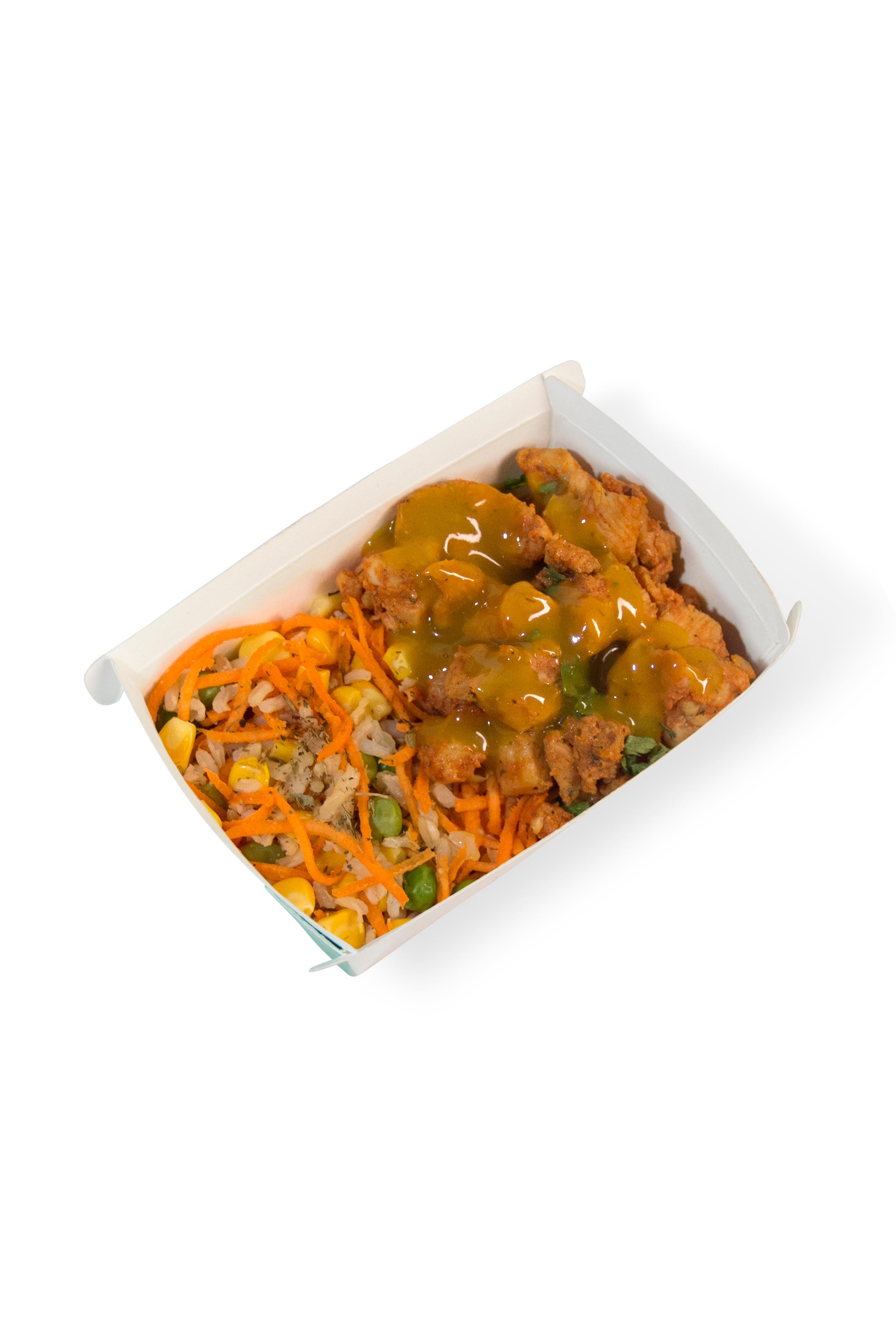 Frango picado ao molho de mostarda e mel, arroz branco primavera