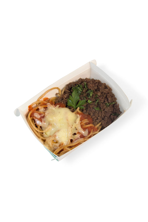 150g de patinho moído, 150g de espaguete integral ao molho sugo