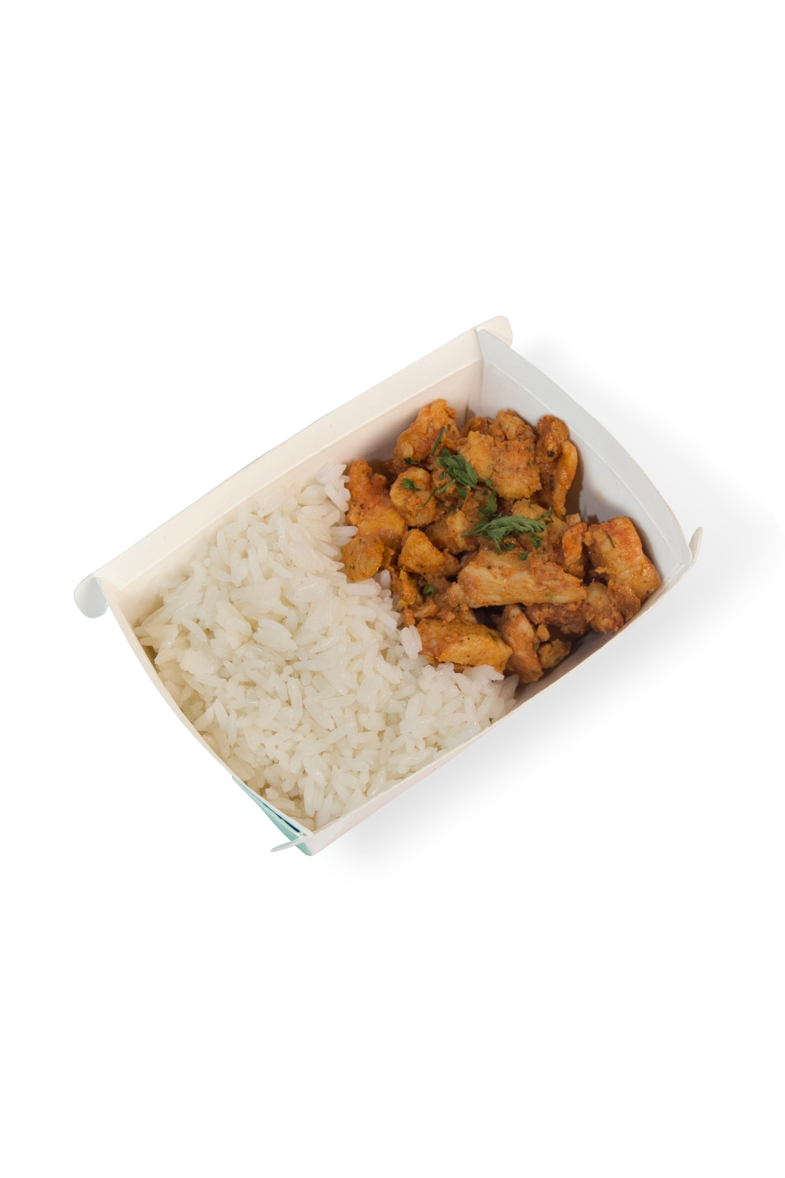 150g de frango picado, 150g de arroz branco